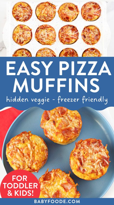 muffin tin filled with precooked muffin mix over a final shot of 4 pizza muffins on a plate Muffins For Toddlers, Easy Toddler Lunches, Daycare Meals, Toddler Muffins, Easy Lunches For Kids, Baby Lunch, Picky Toddler Meals, Tasty Pizza, Lunch Box Idea