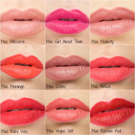 Mac Lipstick Collection Mac Coral Lipstick, Coral Pink Lipstick, Mac Lipstick Collection, Mac Lipstick Swatches, Mac Lipstick Shades, Mac Brushes, Coral Lipstick, Eyeshadow Tips, Lipstick Designs