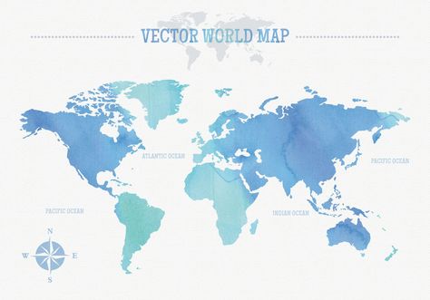 Free vector world map silhouette with blue and green watercolor texture. Free Printable World Map, Map Of Cuba, Argentina Map, World Map With Countries, Denmark Map, Greece Map, Detailed World Map, Kids World Map, Ireland Map