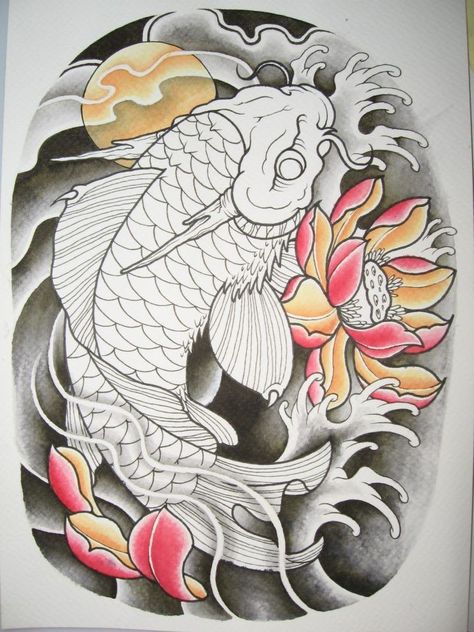 Koi Fish Drawing Tattoo, Dragon Koi Tattoo Design, Dragon Koi Fish, Koi Dragon Tattoo, Geisha Tattoos, Karp Koi, Carp Tattoo, Japanese Koi Fish Tattoo, Koi Tattoo Sleeve