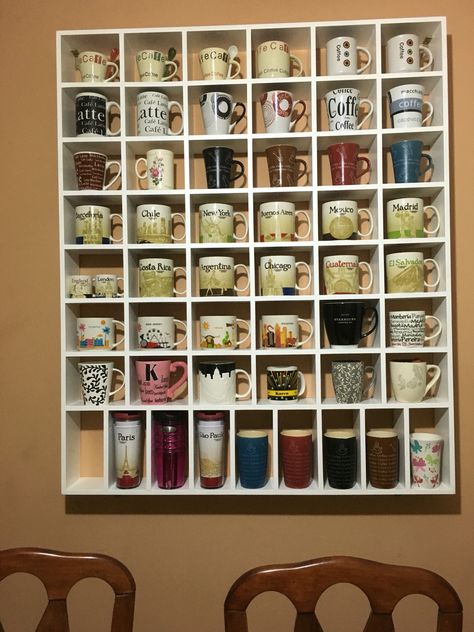 My mug collection its a shelf adaptation for my coffee mug collection which is focused on Starbucks mugs Diy Display Shelf, Coffee Mug Storage, Kitchen Accessories Design, Coffee Mug Display, Mug Storage, Coffee Mug Holder, Starbucks Diy, Mug Display, Home Coffee Stations