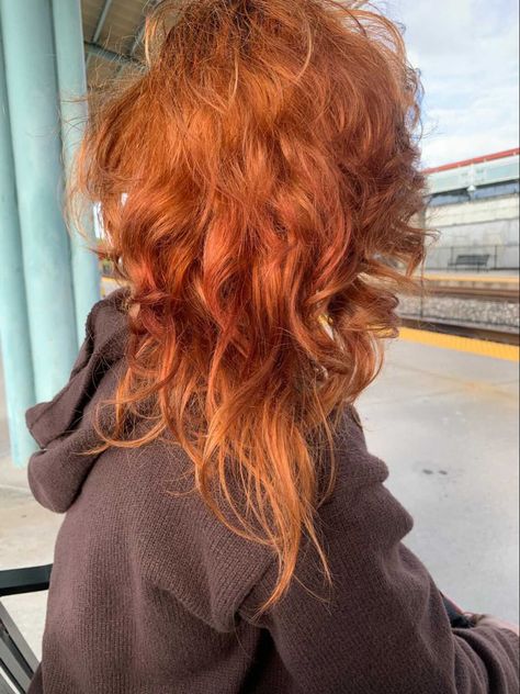 Orange Grunge Hair, Short Fluffy Ginger Hair, Muted Orange Hair, Fluffy Ginger Hair, Alt Ginger Hair, Copper Dyed Hair, Ginger Hair Dye Ideas, Ginger Wolfcut, Rust Hair Color