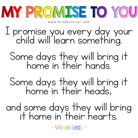 Kindergarten and Mooneyisms: My Promise to You Preschool Quotes, Welcome To Preschool, My Promise To You, Preschool First Day, Welcome To Kindergarten, Prek Classroom, Welcome To School, First Day Of School Activities, Back To School Night