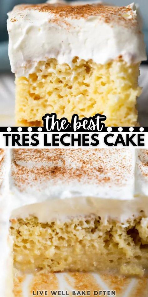 This is the BEST tres leches cake you’ll ever make! It’s 100% homemade and features a sponge cake base, a three-milk filling, and a sweetened whipped cream topping. Tres leches cake translates to “three milk cake.” It got its name because of the way it’s made. A sponge cake is baked, and then poked all over with a fork before a mixture of three types of milk is poured over top. It's easy and delicious! Best Tres Leches Cake Recipe, Best Tres Leches Cake, Dessert Favorites, Three Milk Cake, Speciality Cakes, Leche Cake, Tres Leches Cake Recipe, Cake Filling, Averie Cooks