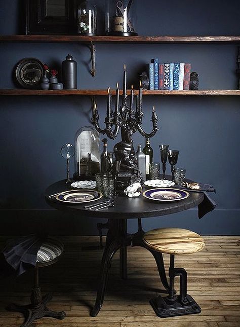 Plunge In: My Top 5 Paint Colors for Deep, Moody Walls — True Design House Dark Blue Walls, Dark Home, Dark Walls, Dark Interiors, Design Del Prodotto, Gothic Home Decor, Gothic House, Design Sponge, Thanksgiving Table