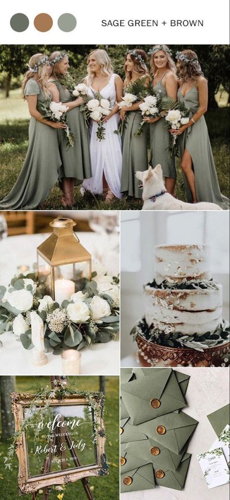 Sage Green and Brown Wedding Sage Green And Brown Wedding, Green And Brown Wedding, Wedding Colors Green, Sage Green And Brown, Sage Green Wedding Theme, Sage Wedding Colors, Spring Wedding Outfit, Sage Green Wedding Colors, Olive Green Weddings