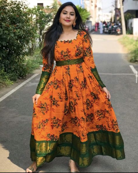 Chudi Hands Long Frock, Dola Silk Long Frocks, Latest Hand Designs For Long Frocks, Patola Long Frock Designs, Pattu Saree Long Frocks Designs Latest, Frocks Stitching Ideas, Pattu Saree To Dress Convert Ideas, Narayanpet Long Frocks With Dupatta, Old Sarees Convert Into Dress Latest