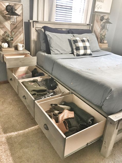 Building Our Bed — Ashley Diann Designs Queen Beds With Storage Underneath, California King Bed With Storage, Build Bed Frame With Storage, Diy Bedframe Queen With Storage, Queen Size Bed Frame With Storage, Queen Bed With Storage Diy, Rustic Bed Frame With Storage, Custom Bed Frames, Platform Bed With Drawers Diy