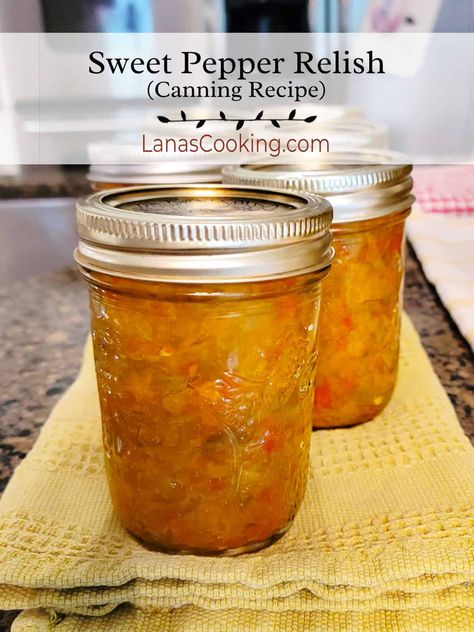 Make your own canned Sweet Pepper Relish at home! Not only is it a great hot dog topping, it's perfect with fresh garden vegetables! https://www.lanascooking.com/sweet-pepper-relish/ Canned Sweet Pepper Relish, Pepper Relish Canning Recipes, Canning Onions And Peppers, Canned Sweet Pepper Recipes, Sweet Hot Pepper Relish Recipes, Sweet Pepper Relish Canning, Hot Pepper Relish Canning, Sweet Pepper Relish Recipe Canning, Pepper Relish Recipe Canning