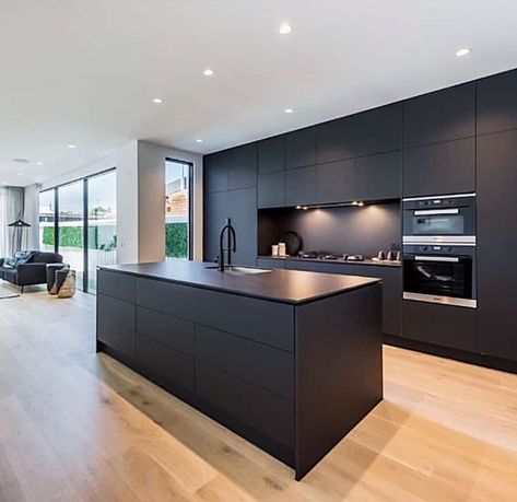 Matte black cabinetry screams luxury in this modern kitchen by @codeblackproperty  Light timber flooring is the perfect contrast against dark finishes.  #Meir #MeirBlack #MeirAustralia Black Cabinetry, Kitchen Luxury, Modern Kitchen Design Black, Instagram Kitchen, Bloxburg Modern, Modern Kitchen Island, Kitchen Design Modern White, Small Space Kitchen, White Modern Kitchen