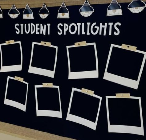 Senior Spotlight Bulletin Board, Star Students Bulletin Board, Camera Bulletin Board Ideas, Selfie Bulletin Board Ideas, Polaroid Bulletin Board Ideas, Polaroid Wall Classroom, Bulletin Board With Student Pictures, School Banners Ideas, Photography Classroom Decor