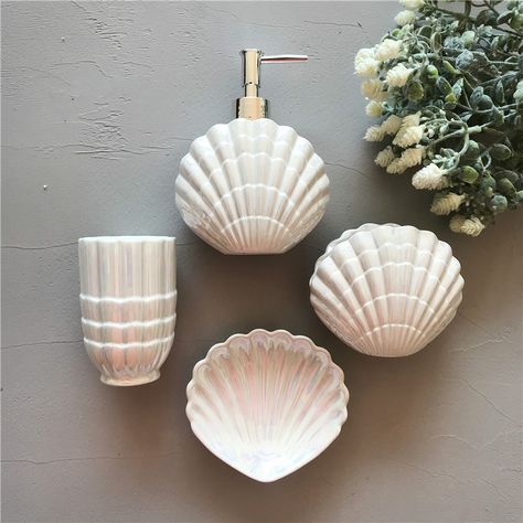 Ceramic Shell shape Bathroom Accessory   Washing Tools Bottle Mouthwash Cup Soap Toothbrush Holder Cheap Bathroom Accessories, Soap Dispenser Set, Beach House Bathroom, Colorful Marble, Mermaid Bathroom, Ceramic Soap Dispenser, Beachy Room, Bathroom Decor Luxury, Beach Room