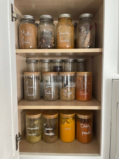 Indian spice organization Spice Cabinet Organization, Spice Cabinet, Indian Kitchen, Spice Organization, Kitchen Cabinet Organization, Indian Spices, Cabinets Organization, Cabinet Organization, Spice Jars