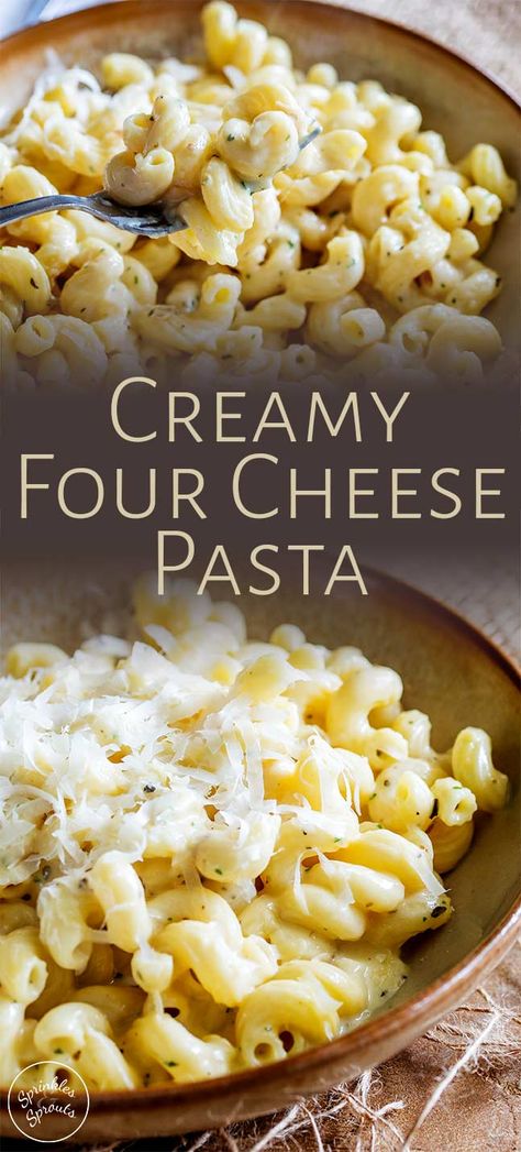 This Creamy Four Cheese Pasta recipe is so easy to make and will be a hit with the entire family! It is one of those dinners that is great on its own or as a side next to some grilled chicken, a juicy steak, or with some roasted mushrooms. Cheesy Pasta is one of the worlds greatest comfort foods and this four cheese version is ready in 15 minutes, as you make the simple sauce whilst the pasta cooks. So much better than boxed pasta. Pasta Dishes Cheesy, Simple Cheesy Pasta, Pasta Quatro Formaggi, Chicken And Cheese Pasta Recipes, Simple Cheese Pasta, 3 Cheese Pasta Recipes, Four Cheese Sauce, Creamy Cheesy Pasta Sauce, Pasta Recipes With Cheese