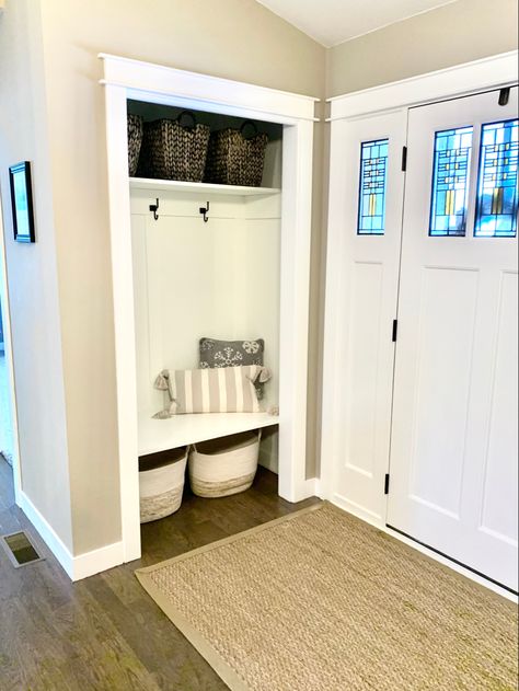 Closet Near Front Door, Small Built In Coat Rack Entryway, Coat Closet Layout, Entrance Closet Remodel, Bench In Coat Closet, Small Coat Closet Turned Mudroom, Small Front Hall Closet Makeover, Closet End Of Hallway, Large Coat Closet Ideas