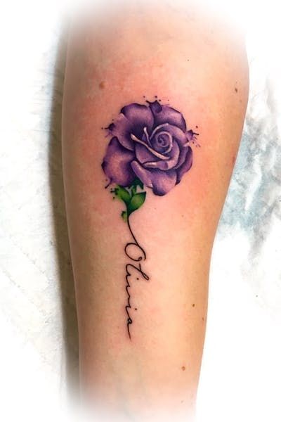 Purple Tattoos For Women, Purple Flowers Tattoo, Watercolor Rose Tattoo, Purple Flower Tattoo, Purple Rose Tattoo, Alzheimers Tattoo, Niece Tattoo, Purple Flower Tattoos, Rose Tattoo With Name