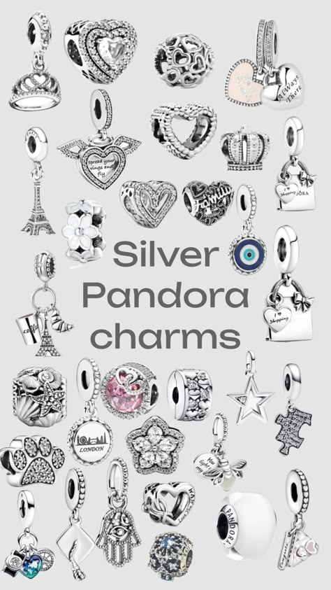 Silver Pandora charms Pandora Bracelet Charms Ideas, Silver Pandora Charms, Pandora Bracelet Designs, Pandora Bracelet Silver, Beautiful Butterfly Photography, Pretty Ear Piercings, Pandora Jewelry Charms, Pandora Bracelet Charms, Crystal Beads Bracelet