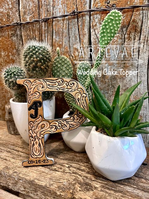 Tooled leather cake topper by ArteVae Western Wedding, Leather Work, Tooled Leather, Custom Leather, Wedding Cake Toppers, Leather Tooling, Leather Working, Cake Topper, Cake Toppers