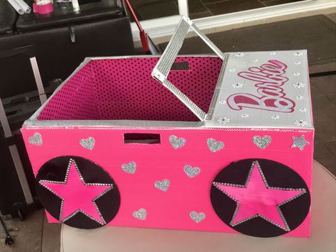 Barbie Cardboard Box Car. Made this for my daughters Kindy 500 at school. Cardboard Box Car, Cardboard Car, Barbie Car, Barbie Box, Cardboard Box Crafts, Cardboard Toys, Valentine Day Boxes, Valentine Box, Diy Cardboard