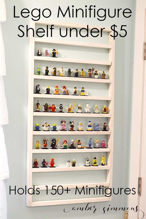 This easy DIY Lego Minifigure shelf can hold over 150 Lego Minifigures and costs less than $5. Lego Shelves, Table Lego, Minifigure Display, Lego Minifigure Display, Lego Bedroom, Lego Organization, Lego Kits, Diy Lego, Lego Wall