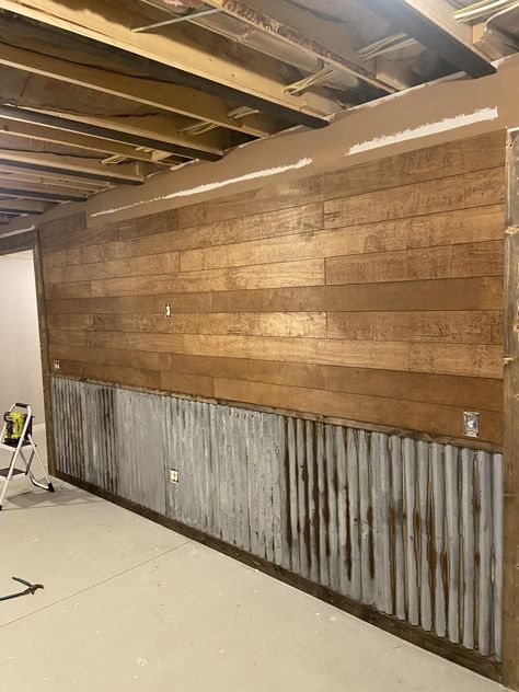 Cabin Paneling Ideas, Tin Ceiling Ideas Rustic, Inside Barndominium Interior Design, Western Basement, Tin And Wood Walls, Rustic Garage Ideas, Wall Lamps Diy, Corrugated Metal Wall, Shed To Tiny House