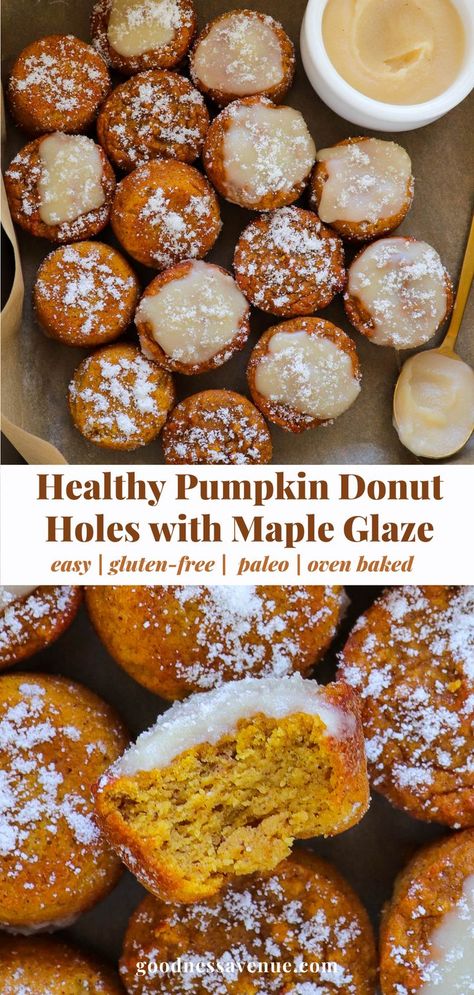 Mini donut holes. Pumpkin Donut Holes, Pumpkin Donut, Healthy Baked, Desserts Vegan, Donut Holes, Maple Glaze, Healthy Sweets Recipes, Healthy Pumpkin, Baked Pumpkin