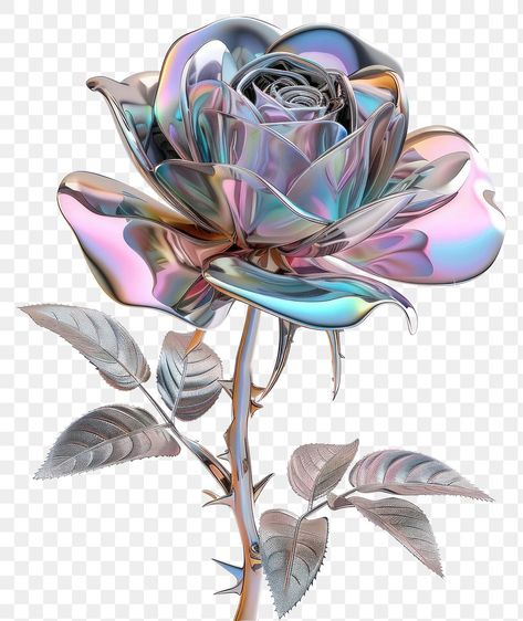 Holographic Design Graphics, Png Design Graphics, Holographic Flowers, Chandelier Flowers, Flower Y2k, Y2k 3d, Flowers Elements, Y2k Flower, Metal Illustration