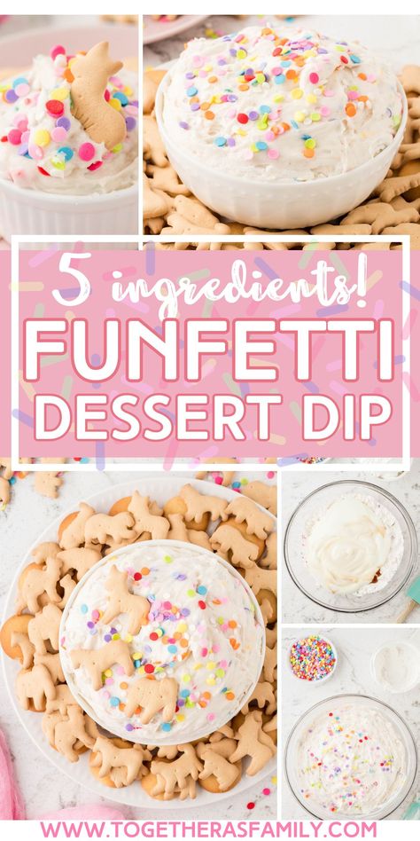 Funfetti Dip (Dunkaroo Dip) is an easy dessert that is perfect for any dessert table. This fluffy dip is like funfetti cookies in dip form! So colorful, so fun, and perfect for any occasion or celebration. Only 5 simple ingredients needed to make this sweet dip. Dips Recipes Dessert, Easter Dessert Dip, Funfetti Dip 3 Ingredients, Fingertips Dip, Birthday Dessert Ideas Easy, Sweet One Food Ideas, Dip Party Ideas, Sweet Dips For Parties, Birthday Party Dessert Table Ideas