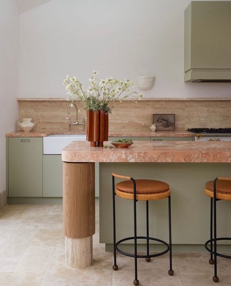 A striking and colourful kitchen design at Balmain House by @studio.parker⁠ ⁠ The clay pink against the green is simply divine! 💚⁠ ⁠ Do you agree?⁠ ⁠ Interiors @studio.parker⁠ Styling @kerrieann.jones⁠ Build @mattbuildgroup⁠ Photography @jacqui_turk The Proper Hotel, Proper Hotel, Natural Interior Design, Colourful Kitchen, Kitchen Design Color, Natural Interior, The Local Project, Marble Bathroom, Minimalist Kitchen