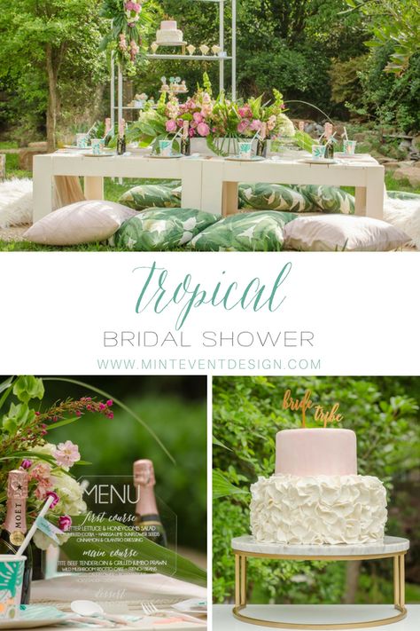 Beautiful Tropical Bridal Shower-  It's so fun to bring a little tropical flair no matter where you are.  With pineapples and palm leafs and pops of pink, green, and gold! Styled by Carolina from MINT Event Design- www.minteventdesign.com  #ad #lbridalshower #tropicalbridalshowerdesserts  #outdoorpartyideasforgirls #outdoorpartydecor #tablescapeforoutdoorsparty #partyprintables Bridal Shower Island Theme, Classy Tropical Bridal Shower Ideas, Pink Bridal Shower Decorations, Tropical Bridal Shower Ideas, Summer Bridal Shower Ideas, Tropical Bridal Shower Theme, Tropical Bridal Shower Decorations, Bridal Shower Tropical, Tropical Decorations