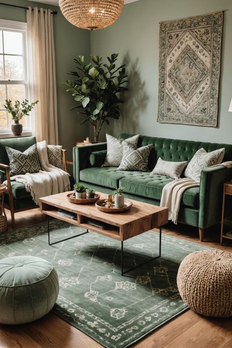 21 Sage Green Living Room Ideas – The Dear Lab Sage Theme Living Room, Sage Colour Living Room, Living Room Greenhouse, Living Room Natural Colors Earth Tones, Moss Green Living Room Ideas, Sage Green Living Room Furniture, Tan And Green Living Room Ideas, House Green Interior, Green Accent Living Room Ideas