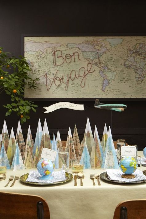 My favorite part is the bon voyage written with red push pins on the vintage map on the wall Leaving Party, Bon Voyage Party, Goodbye Party, Travel Party Theme, Map Crafts, World Party, Table Set Up, Design Studios, Travel Party