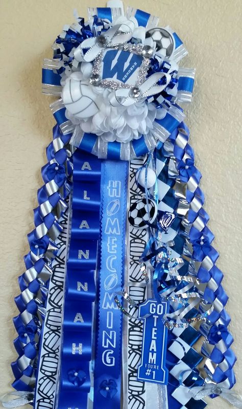 Blue And Silver Mums Homecoming, Aesthetic Homecoming Mums, Blue White And Black Homecoming Mums, Mums Blue And White, Homecoming Mum Blue And White, Mums For Boys Homecoming, Homecoming Mums Blue And White, Boy Mums Homecoming, Junior Year Homecoming Mum