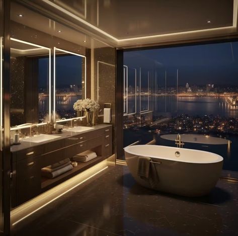 Fancy Hotel Bathroom, Penthouse Bathroom Luxury, Fancy Bathroom Luxury, New York Penthouse Luxury, Modern Penthouse Interior Design, Expensive Penthouse, Expensive Bathroom, New York Living Room, Penthouse Bathroom