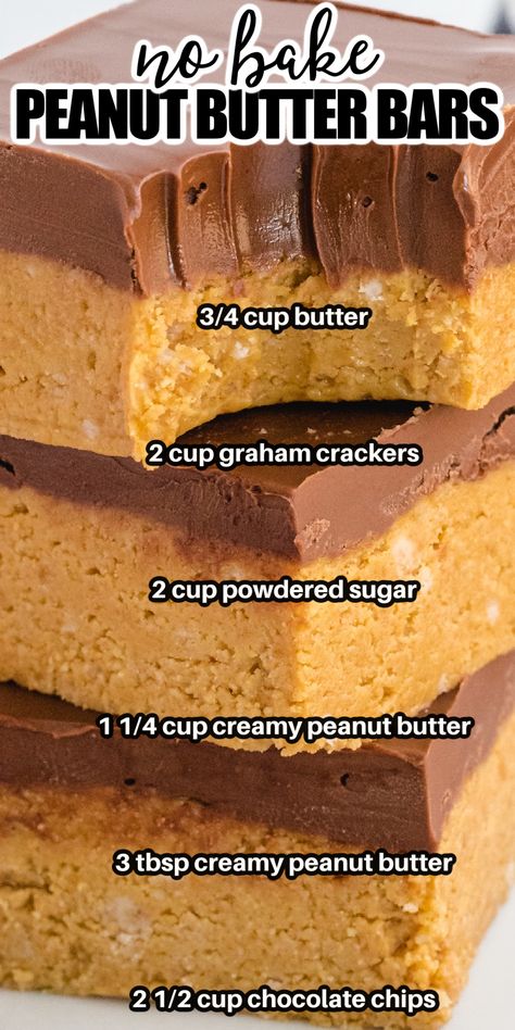 Stack of three no bake peanut butter bars No Bake Peanut Butter Bars, No Bake Peanut Butter, Lost 100 Pounds, Butter Bars, Dessert Bar Recipe, Peanut Butter Bars, حلويات صحية, Jello Shots, Cookie Bar Recipes