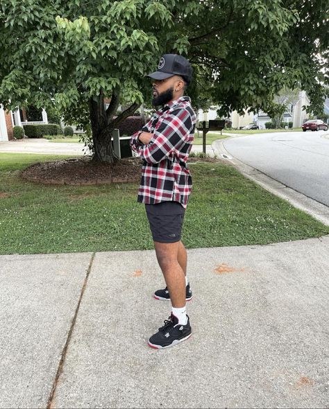 Jordan 4 Bred Reimagined Outfit, Bred 4 Outfits Men, Bred 4s Outfit, Bred 4 Outfits, Bred 4s, Bred 4, Jordan 4 Bred, Flannel Shorts, Mens Shorts Outfits