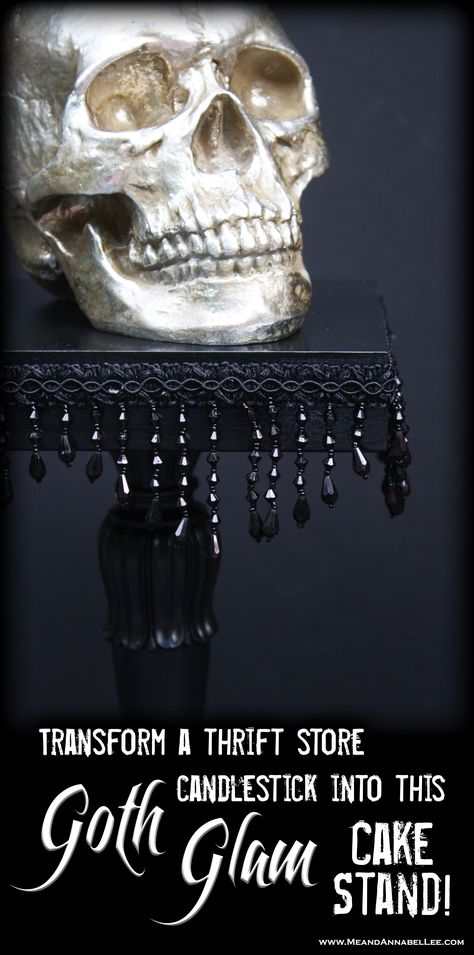 DIY Black Gothic Cakestand | Jet Black Beaded Fringe | Goth it Yourself | Gothing Entertaining | Halloween Party | www.MeandAnnabelLee.com Goth It Yourself, Elegant Halloween Party, Beaded Cake Stand, Gothic Diy, Goth Candles, Black Cake Stand, Gothic Farmhouse, Gothic Crafts, Diy Gothic