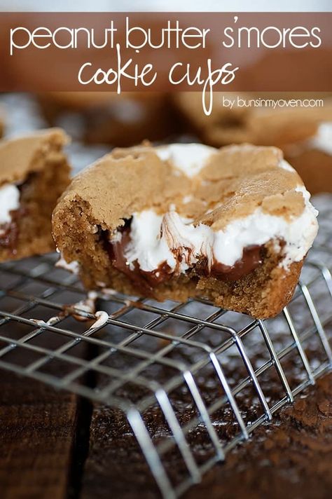 Peanut Butter S'mores Cookie Cups Smores Cookie Cups, Muffin Tin Desserts, S'mores Cookie Cups, Peanut Butter Smores, Smores Cookie, 1 Cookies, Cookie Cups Recipe, Tin Recipes, Candy Sweet