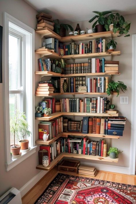 Library Room Floating Shelves, In Wall Bookcase, Corner Hanging Bookshelves, Living Room Corner Bookshelf, Library In Small Space, Book Corner Ideas Living Room, Bookshelf Interior Design, Book Shelf Corner Wall, Corner Bookshelf Ideas Living Room