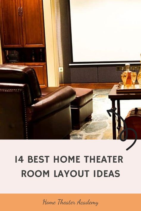 Home theater room with leather seating, a large screen, and a table with decanters. Text overlay: "14 Best Home Theater Room Layout Ideas". Long Couch, Home Theater Room, Room Layout Ideas, Stadium Seating, U Shaped Couch, Sofa Bed With Chaise, Hanging Chairs, Best Home Theater, At Home Movie Theater