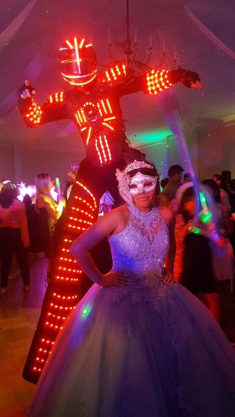 Led Robot Quince, Party Robot Quince, Quince Robots, Robot Quince, Hora Loca Wedding Ideas, Sweet 16 Masquerade Party, Lavender Quinceanera, Elvish Wedding, Bilingual Wedding