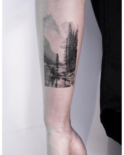 Cottage Tattoo Ideas, Tattoo Scenery, Lake Tattoo Ideas, Cottage Tattoo, Lake Tattoos, Thunderbird Tattoo, Scenery Tattoo, Lake Tattoo, Boat Tattoo