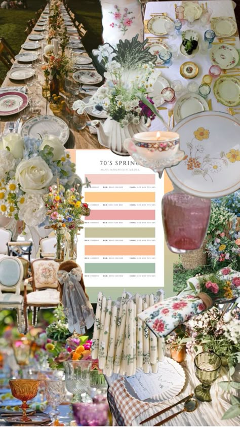 Cottage Core Wedding Colors, Cottage Core Wedding Reception, Cottage Core Wedding Aesthetic, 70s Garden, Cottage Core Wedding, Wildflower Wedding Theme, Quince Ideas, Wedding Palette, Wildflower Wedding