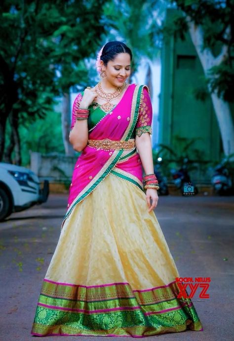 Actress Anasuya Bharadwaj New Photo Shoot Stills - Social News XYZ South Indian Bride Saree, Anasuya Bharadwaj, Langa Voni, Half Saree Function, Pattu Pavadai, Ethnic Dresses, Cutwork Blouse, Lehenga Saree Design, Half Saree Lehenga