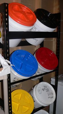 Bucket Shelf, Shelf Reliance, Food Storage Rooms, Bucket Storage, Provident Living, Trailer Organization, Thrive Life, Dry Food Storage, Grain Storage