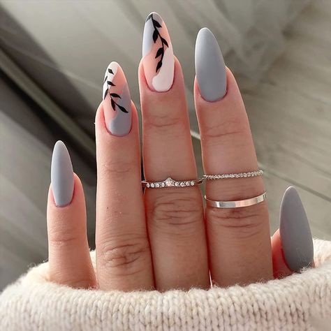 Vaveah 24 Pcs Summer Press on Nails Medium, Acrylic Stiletto Fake Nails, False Nails with Nail Glue on Nails for Women (Gray Leaf) Pink White Nails, Simple Spring Nails, Summer Nail Polish, Summer Gel Nails, Press On Nails Medium, Acrylic Nail Set, Cute Spring Nails, Matte Nails Design, White Nail Art