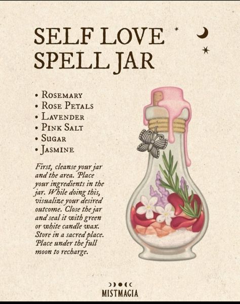 Self Love Spell Jar, Love Spell Jar, Self Love Spell, Shadow Book, Rooted In Love, Hoodoo Oils, Wicca Recipes, Witch Rituals, Casting Spells