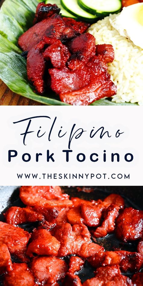 Pork Tocino is a popular Filipino dish typically made from thinly sliced pork meat marinated in sugar, salt, garlic, soy sauce, and coloring. It is then fried until caramelized and slightly charred, resulting in a sweet and savory flavor. Filipino Pork Tocino, Pork Tocino Recipe Homemade, Filipino Pork Recipes Dinners, Pork Tapa Recipes Filipino, Pork Tongue Recipes, Filipino Food Recipes Authentic, Pork Siomai Recipe Filipino, Pork Asado Recipe Filipino, Chicken Tocino Recipe Filipino