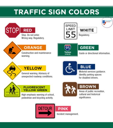 Traffic sign colors. - Learn English-FirstClass Drivers Training Tips, New Driver Tips, Driving Permit Tips, Drivers Ed Notes, Permit Test Cheat Sheet, Driving Notes, Drivers Permit Test, Drivers Training, Dmv Driving Test