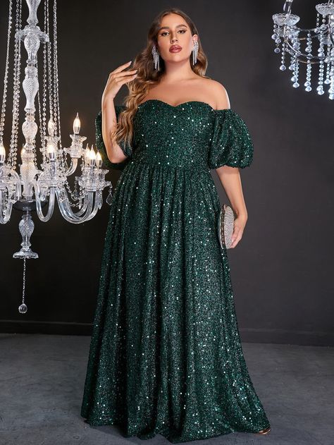 Plus Elegant Off Shoulder Short Sleeve Sequin A Line Dresses - Dark green / 2X Off Shoulder Puff Sleeve, Shoulder Puff Sleeve, Prom Dress Plus Size, Sequin Formal Dress, Plus Size Gowns, Line Dresses, A Line Dresses, Evening Dress Fashion, Plus Size Kleidung